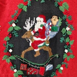Vintage Red Christmas Sweater Santa Reindeer Gingerbread Beaded Snowflakes Large